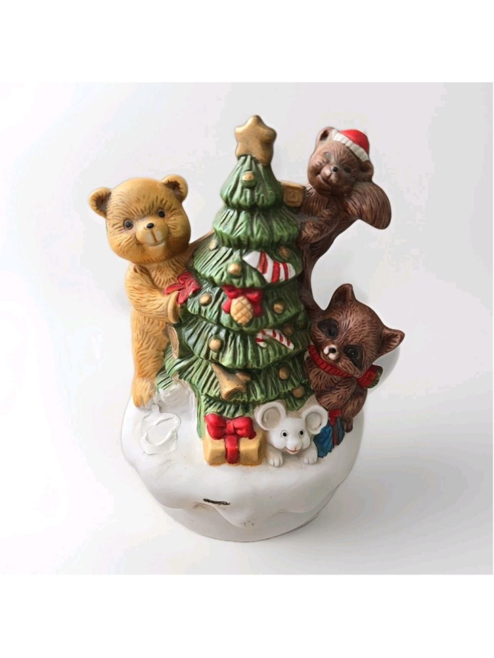 Bisque Porcelain Christmas Tree Forrest Friends Animal Wind-up Music Box Figurin